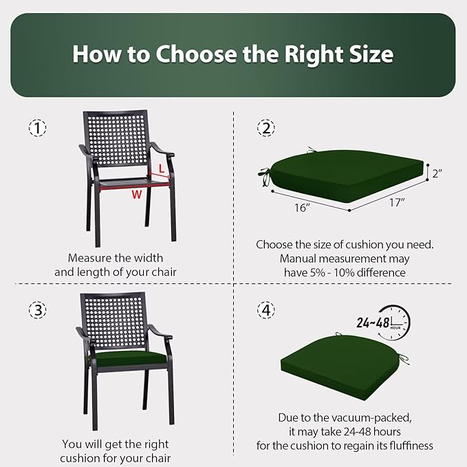 Outdoor Chair Cushions Set of 4, 17 x 16 Inch Patio Chair Cushions for Outdoor Furniture, Water Resistant Outdoor Patio Chair Cushions with Non-Slip Tiess(Forest Green)