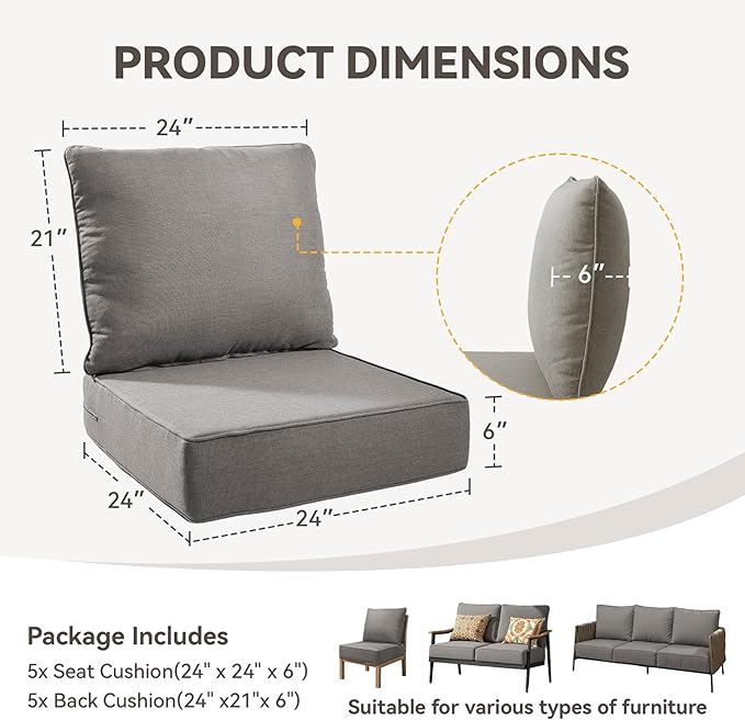 Outdoor Cushion Set for Furniture Patio Furniture, UV Resistant, Water Resistant - 6 Inch Thick Foam Garden Cushions– 24x24 Inch Patio Seat Covers for Chair/Sofa/Couch | Grey | 5-Pack |