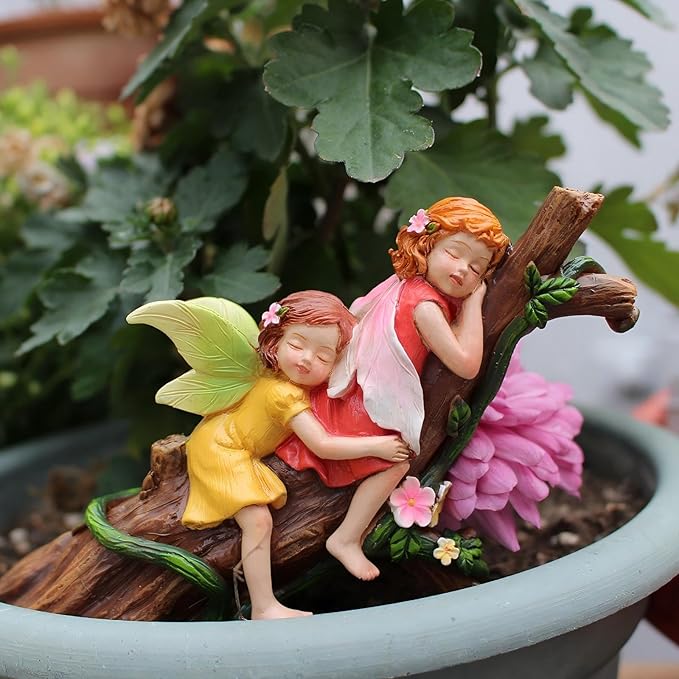 Fairy Garden Figurine, Sleeping on Tree Branch, Miniature Figurine for Plant Pots & Fairy Garden Decor, Resin Outdoor Decor, Unique Gift for Girls