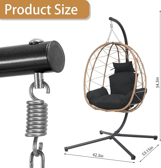 Hanging Egg Chair with Stand Indoor Swinging Chair Outdoor Hammock Egg Chair for Patio, Bedroom, Garden and Balcony (Black, Small)