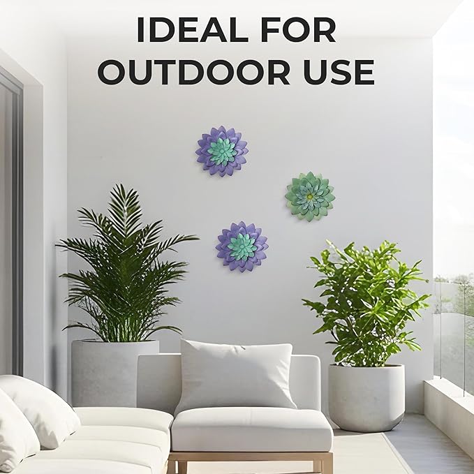 Everydecor Succulent Metal Flowers Wall Decor – Purple, Hand Painted, 3D Flower Art Decoration for Living Room, Bedroom, Kitchen, Bathroom - Floral Decor for Indoor & Outdoor Use