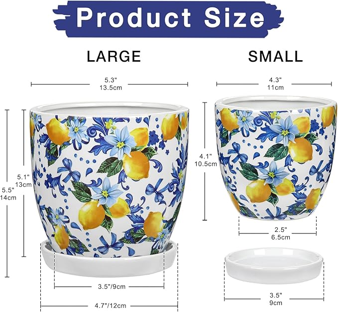 5.3+4.3 inch Ceramic Plant Pots, Set of 2 Blue and White Plant Pot with Drainage Holes and Saucers Small Lemon Indoor Planters Decorative Flower Pots for Succulents, Cacti, Snake Plants, and Herbs