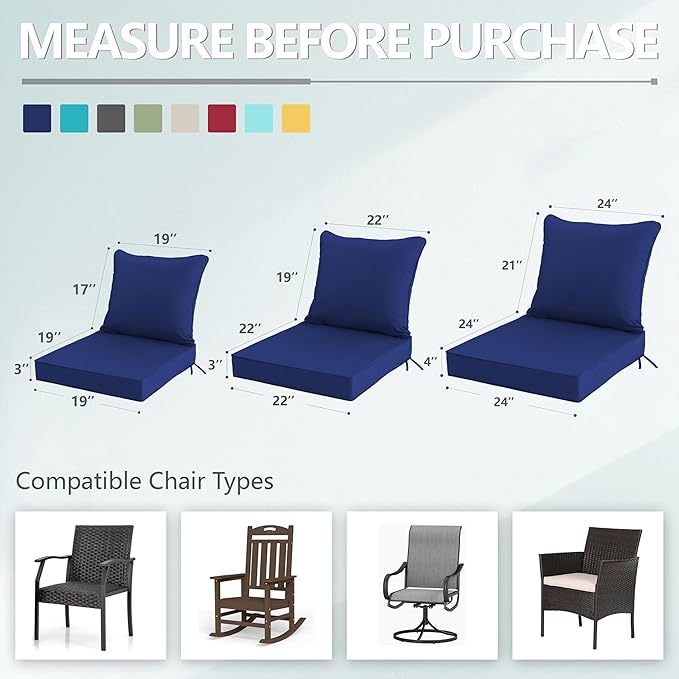 24x24 Inch Outdoor Chair Cushion with Removable Cover, Patio Furniture Cushion - Water-Repellent, Fade-Resistant, Non-Slip Bottom & Straps, Replacement for Deep Seat Sofa & Couch - Navy