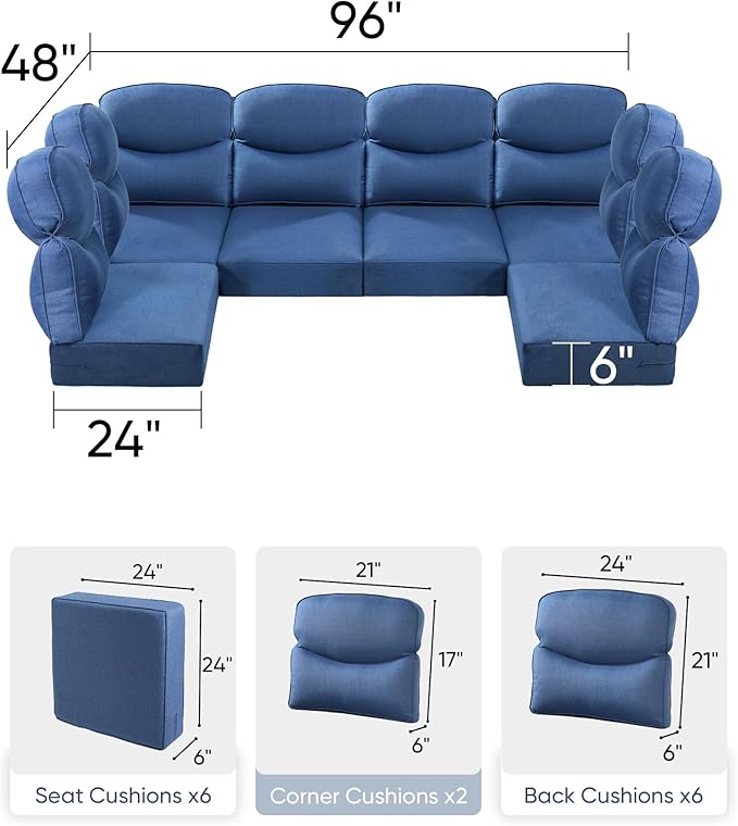 Luxury 24x24x6 Outdoor Seat Cushions for 6-Seat Sectional Sofa Set of 6 - Water-Repellent 14-Piece Patio Cushion Set for Outside Wicker Loveseat Chair L-Shape Couch - Navy Blue/Smile