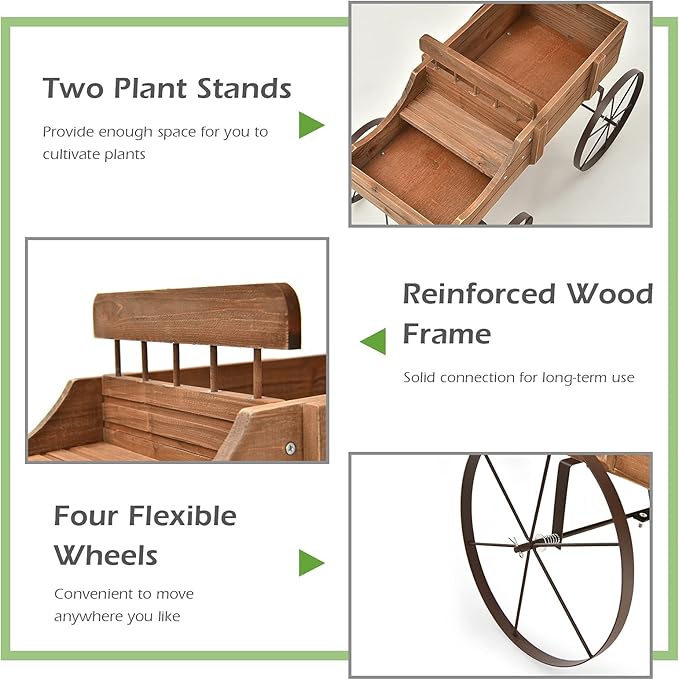 Wooden Wagon Planter with Wheels, Indoor/Outdoor Flower Cart w/Dual-Compartment & Adjustable Handle, Decorative Garden Planter for Home, Yard, Wedding (Brown)