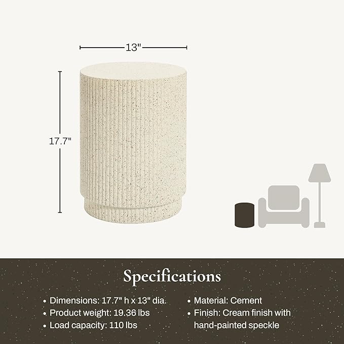 LuxenHome Cream Cement Round Outdoor Side Table, Set of 2