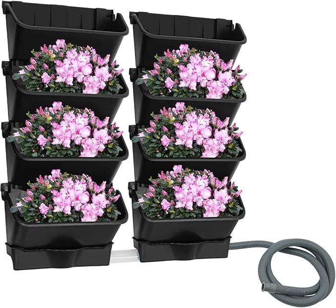 Vertical Wall Planter for Indoor Plant-Walls Mounted Pot with 2 Drainage Tray 8 Pack, with 6.56ft Drainage Pipe for Decor, Plastic Pots Balcony Planters, Plants Hanging (8, Black)