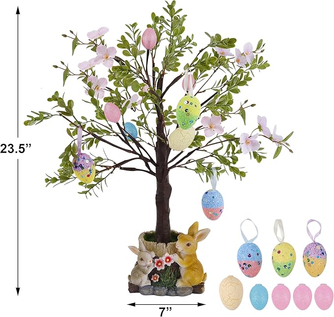 DR.DUDU Lighted Easter Tree 23.5 Inch - Pre-Lit Easter Decorations for Table with Eggs & Bunny Pot, Spring Trees Centerpiece with Lights for Dining Room, Home, Mantel, Office Décor