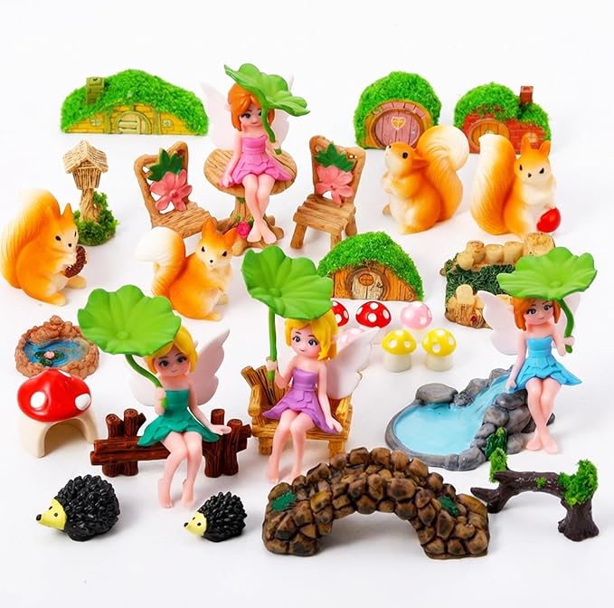 32 PCS Mini Fairy Garden Accessories Kit Miniature Garden Ornaments Included Resin House Statues Tiny Fairies Figurines Animal Plant Set for DIY Terrarium Potted Plants Dollhouse Desk Decor