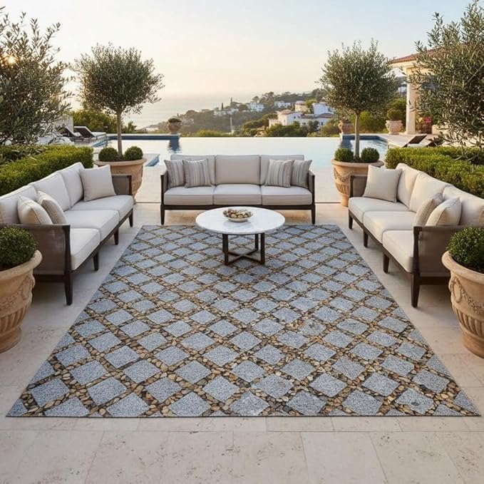 Natural Grey Brown Pebbles and Rocks Rustic Farmhouse Waterproof Outdoor Rugs for Patios Deck Porch Balcony Garden Camping Backyard Low Pile Mat Thin Quick Dry Durable Art Deco Floor Carpet 4x6