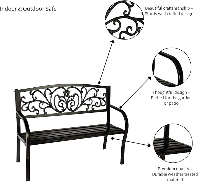 Evergreen Garden Weatherproof Outdoor Bench Blooming Garden | Holds Up to 300 lbs. | Furniture for Lawn Garden Patio Porch Park Deck | Steel | Black