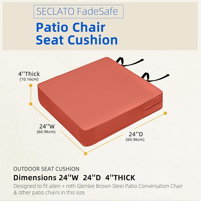 Patio Chair Cushions 24x24x4 Inch, Waterproof Outdoor Seat Cushions with Adjustable Straps & Handle, Thick High-Density Foam, Fade-Resistant, Machine Washable, 2-Pack Red