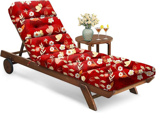 All Weather Chaise Lounge Cushions Outdoor Lounge Chair Cushion, Waterproof Memory Foam Chaise Lounger Chair Cushion for Outdoor Patio Furniture with Non-Slip Back and Ties, Red Floral