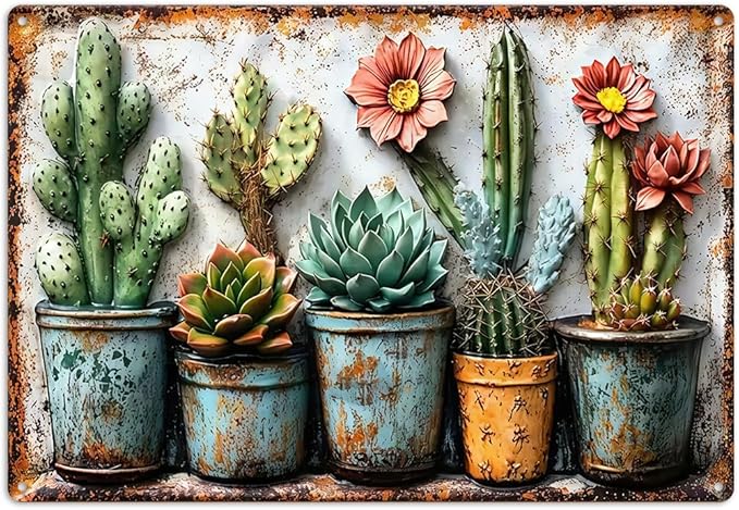 Gardening Gifts Vintage Garden Mental Tin Signs Cactus Plant Flower Printing for Home Yard Greenhouse Outdoor Decoration (8x12 Inch)