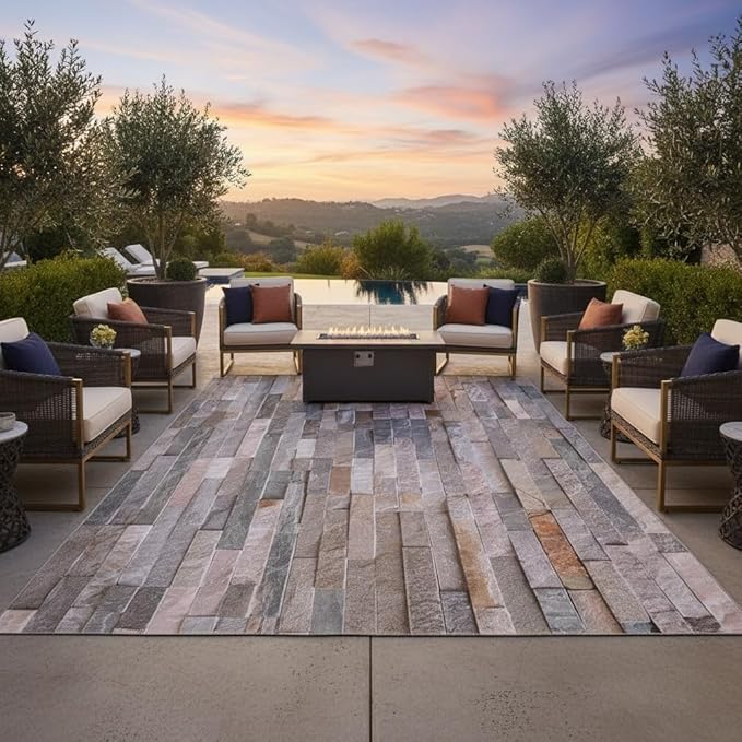 Retro Brown Grey Stone Wall Texture 6x9 Outdoor Area Rugs for Deck Porch Balcony Garden Patio Waterproof Washable Rock Stones Pattern Outside Carpet Yard Pool Foldable Durable Large Rugs Runner Mat