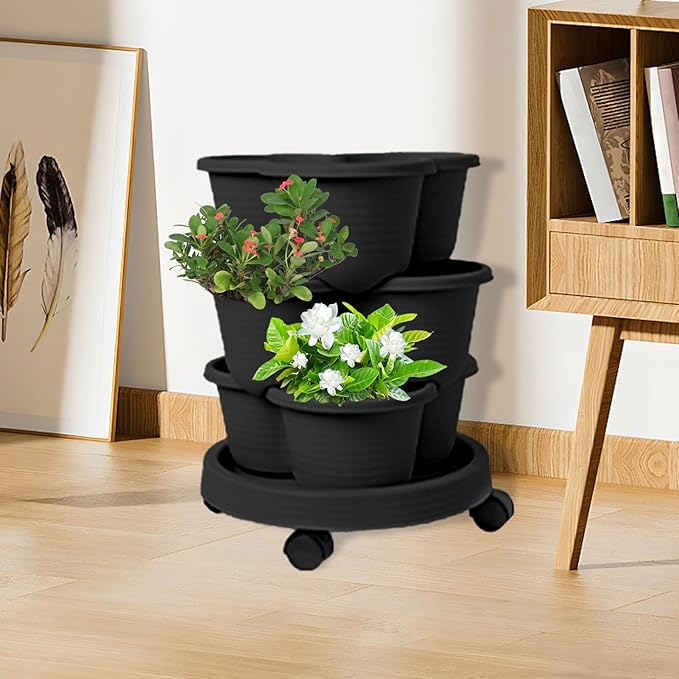 Stackable Planter - Vertical Garden Tower Stackable Planter | Vegetable Tower, Container with Removable Wheels & Tool Kit, Flower Pots Plant Growing System for Indoor Outdoor