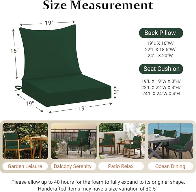 downluxe 19x19 Outdoor Chair Cushions, Waterproof Fade Resistant Patio Furniture Cushions with Handle & Removable Cover, Deep Seat Outdoor Cushions for Sofa, Couch and Patio Chairs, Forest Green