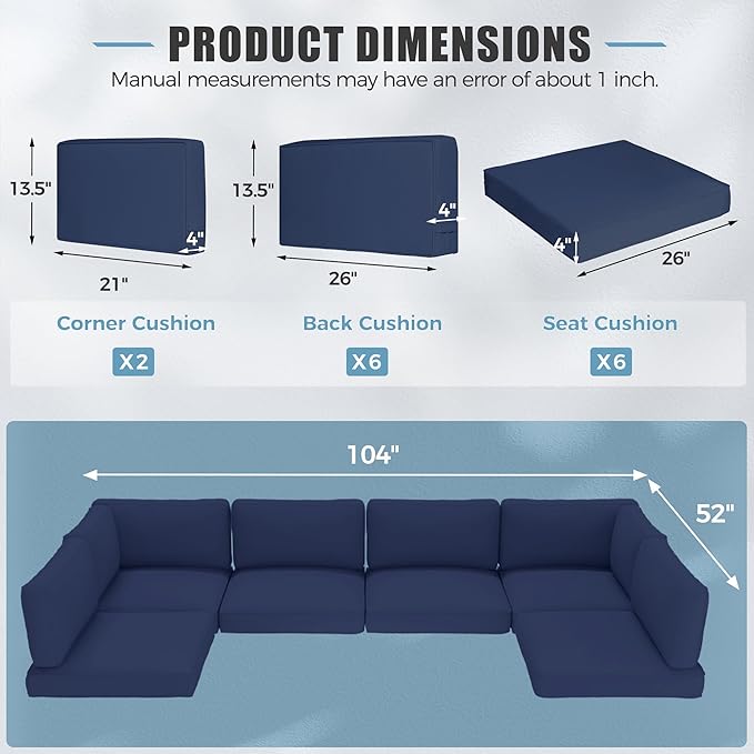 Oakcloud Oakmont Outdoor Replacement Cushions for Patio Conversation Set, Water-Resistant Cushion for Patio Furniture, 14-Piece Cushions for 6-seat Outdoor Sectional Sofa (Dark Blue)