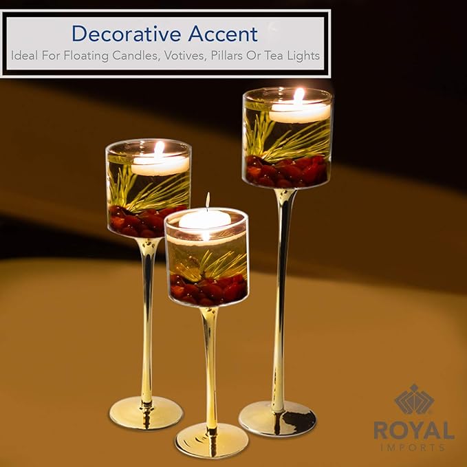 Royal Imports Glass Candleholder Flower Vase, Floating & Pillar Candle Centerpiece Display, Decorative Hurricane on Pedestal for Home or Wedding Set of 3, Gold