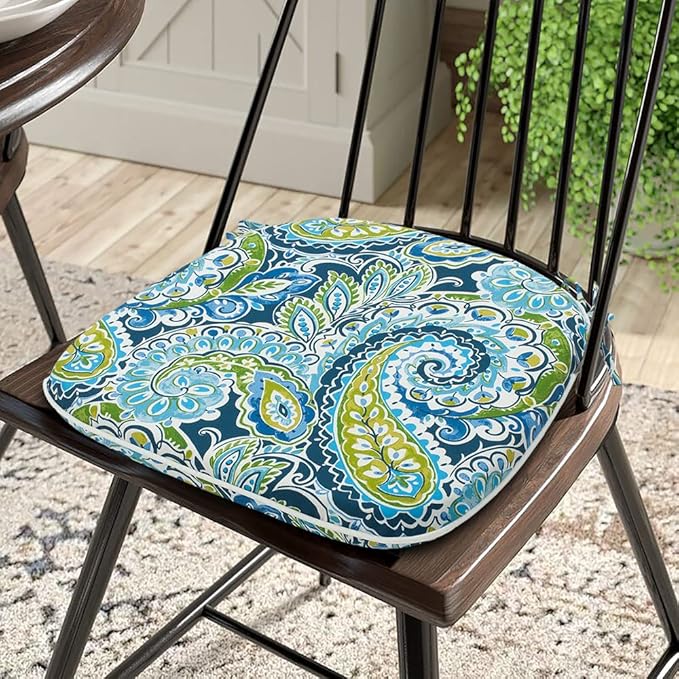 Magpie Fabrics Outdoor/Indoor 17"x16"x2" Chair Cushions with Ties Set of 2, Waterproof All Weather U-Shape Seat Pads Decoration for Patio Garden Furniture Home Office (Paisley Lapis Green)