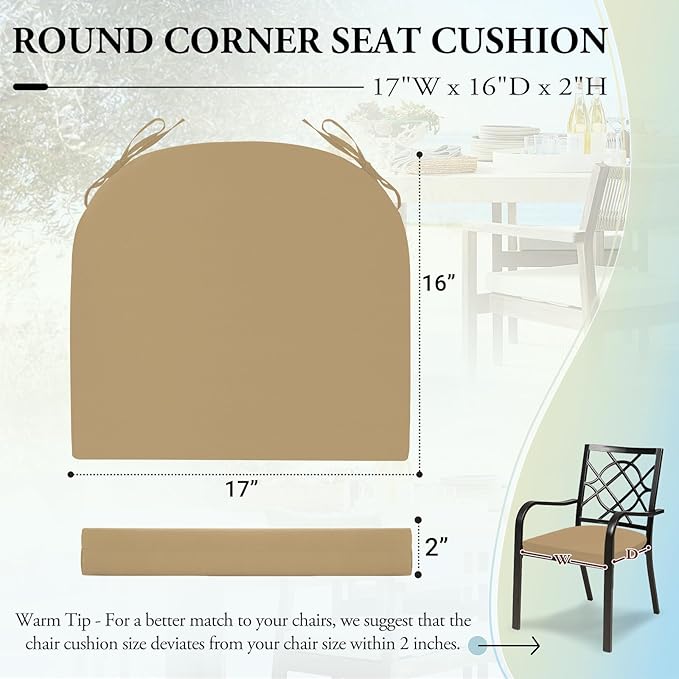 Wellsin Outdoor Chair Cushions for Patio Furniture - Patio Chair Cushions Set of 4 - Water Resistant Round Corner Outdoor Seat Cushions 17"X16"X2", Khaki