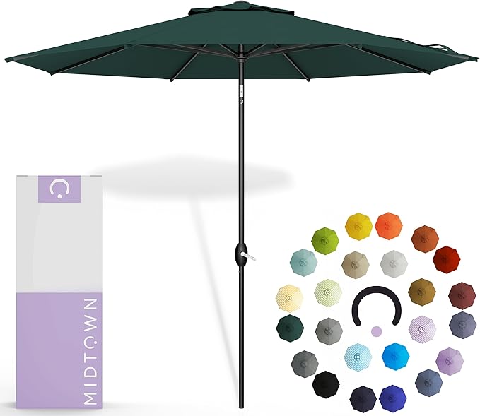 Midtown Umbrellas - 10-Year-No-Fade 10 Ft Patio Umbrella with Terylast Fabric, Auto-Tilt Aluminum Frame and 8 Reinforced Ribs for Deck, Pool, Garden & Beach - Forest Green Canopy, Black Pole
