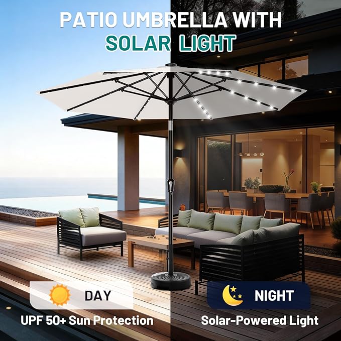 AreShark 9FT Patio Umbrella with Solar Lights, 32 LED Lighted Pool Umbrella w/Tilt and Crank, Outdoor Market Solar Umbrellas for Garden, Deck, Backyard, Pool and Beach, Cream-White