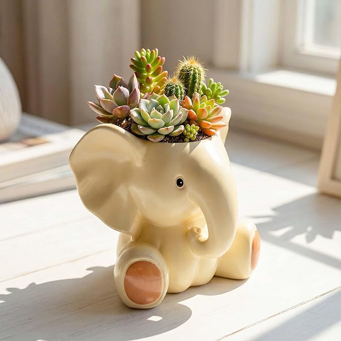 Small Plant Container | Unique Resin Flower Pot Sculpture | Succulent Flower Pot | White Elephant Gifts for Women | Perfect Plant & Elephant Gifts | Indoor & Outdoor Use (White)