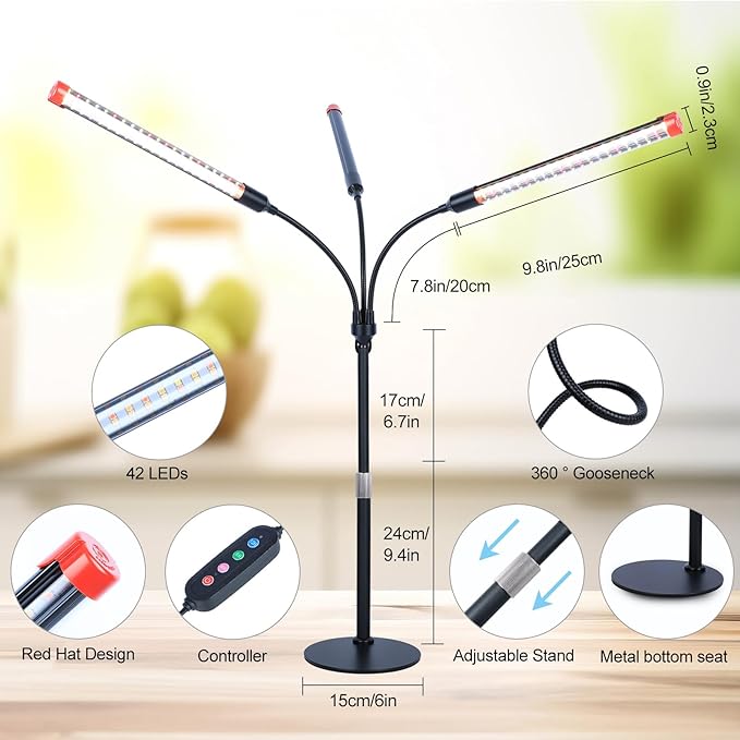 FECiDA 2026 3Head Table Top Grow Lights for Seed Starting, Indoor Plants, Bonsai, 27 Watt Power Draw, NO Need Adapter, 4/8/12/16/20H Timer, 16"-24" Height Adjustable