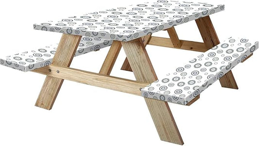 KENOBEE 8ft Picnic Table and Bench Cover, Camping Essentials RV Gear, 96 in Waterproof Windproof Outdoor Elastic All Around Tablecloth, Fitted Rectangle Tables and Seats, Blue Flywheel