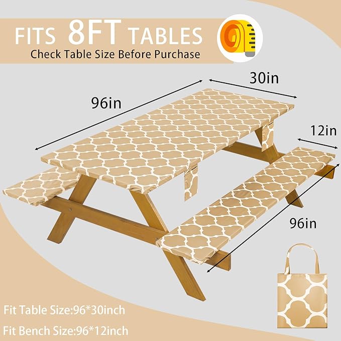 Fitted Waterproof Picnic Table Cover with Bench Covers Elastic Edges Camping Tablecloth for 8 Foot Rectangle Tables Camp Cooking Motorhome Party Equipment Car Rv Travel Trailer Needs Gifts