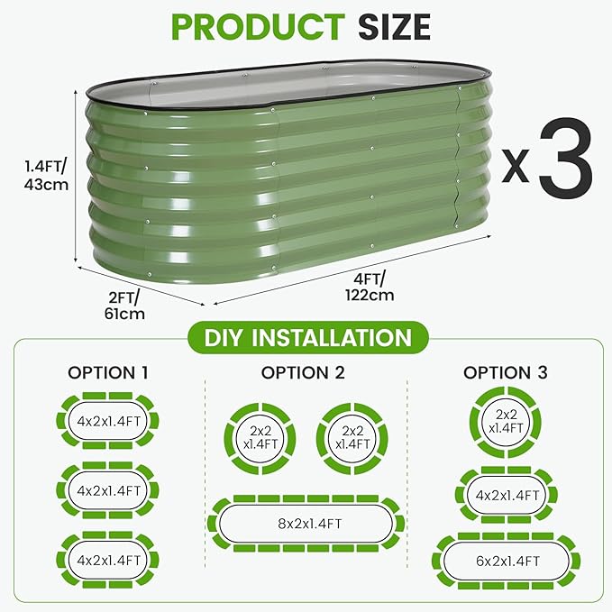 Galvanized Raised Garden Bed Outdoor |17'' Tall Planter Box Outdoor for Deep Root Plants | 2Pcs Raised Bed Kit for Gardening with Rubber Strip for Vegetables Flowers Fruits (Olive Green, 4x2x1.4FT)