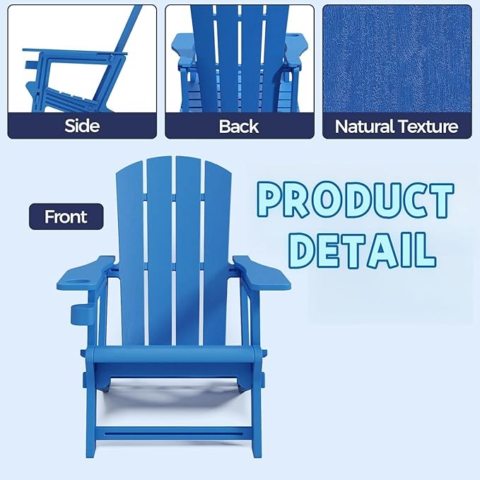 Adirondack Chair Set of 2, All Weather Plastic Adirondack Chairs, Fire Pit Chairs with Cup Holder, Outdoor Lawn Chair for Patio, Garden, Backyard, Klein Blue