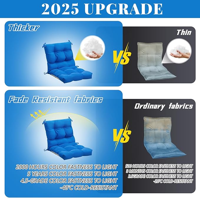 Marsui 4 Pcs Outdoor Indoor High Back Chair Cushions Patio Furniture Tufted Pillow with Ties All Weather Replacement Outdoor Rocking Chair Cushions, 42 x 21 Inches (Blue)