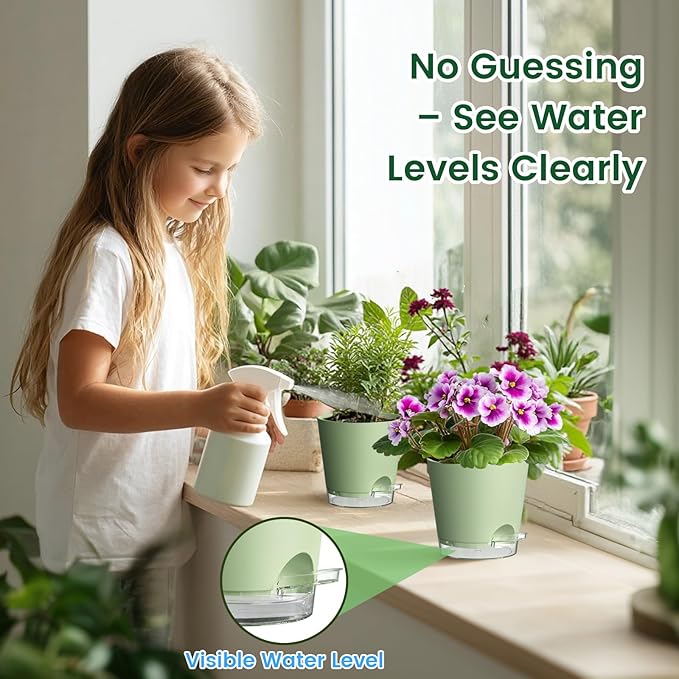 5 inch Self Watering Flower Pots for Indoor Plants, 5 Pack Small Plant Pots with Drainage Holes & Clear Reservoir for Visible Water Level, Plastic Wicking Planter Pots for House Plants, Green
