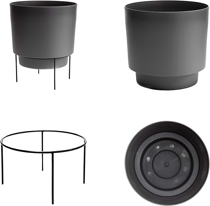 Bloem Hopson Decorative Resin Cachepot with Metal Stand, 6" Indoor and Outdoor Planter with Black Metal Stand, Charcoal