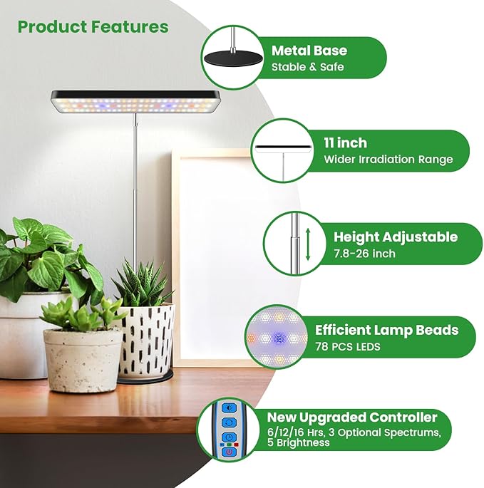 Wiaxulay Grow Lights, Full Spectrum Plant Light for Indoor Plants, Height Adjustable Desktop Grow Lamp with Auto Timer 6/12/16Hrs, 3 Lighting Modes,5 Brightness,Ideal for Potting Soil, 2 Pack