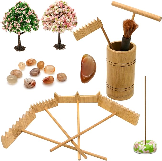 Zen Garden Rake Tool Accessories - Japanese Sand Zen Bamboo Rakes Tools Set, Office Relaxation Gifts with Healing Stones Zen Garden Decor for Man Woman Father Mother Birthday Gifts