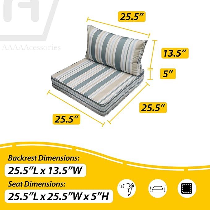 AAAAAcessories Outdoor Seat Cushions for Chairs, Fade-Resistant, Waterproof Patio Furniture Replacement Cushions, 25.5" x 25.5" x 5" + 25.5" x 13.5", Set of 2, Slate Gray Blue Coastal Stripe
