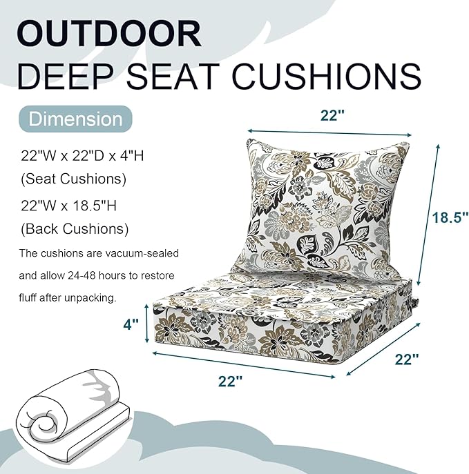 Outdoor Deep Seat Cushion Set, Water Repellent 22"x22" Patio Thick Cushions Replacement with Seat & Back Pillow for Patio Sofa, Wicker Chair, Couch - Dailey Tan