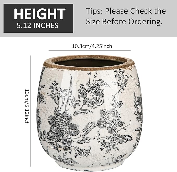 Vintage Ceramic Flower Pot with Ice Crackle Rustic Planter with Drainage Holes for Indoor and Outdoor Decor Home Living Room Garden Decor Gardening Gift (Rustic Grey Style)