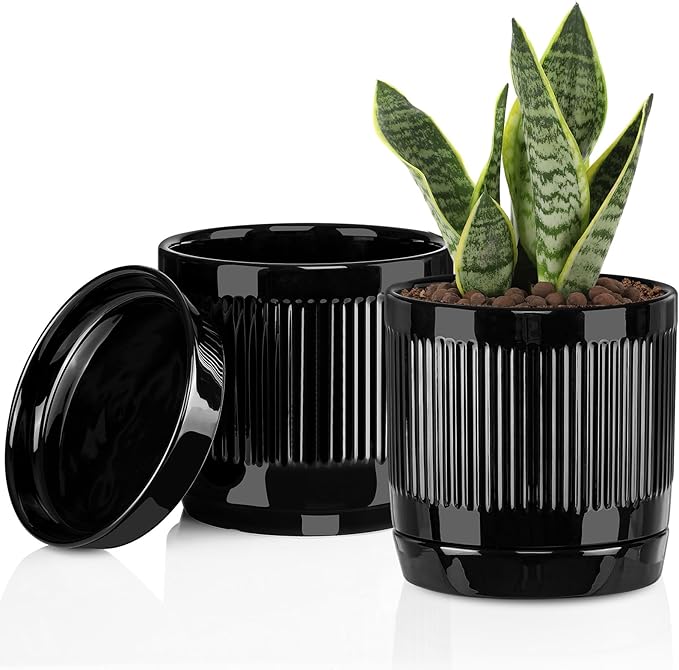 Vanavazon 6 Inch Glazed Ceramic Plant Pots Indoor with Drainage Hole and Saucer, Cylinder Indoor Planters for All House Plants, Modern Decor for Home & Office, Set of 2 (Black)