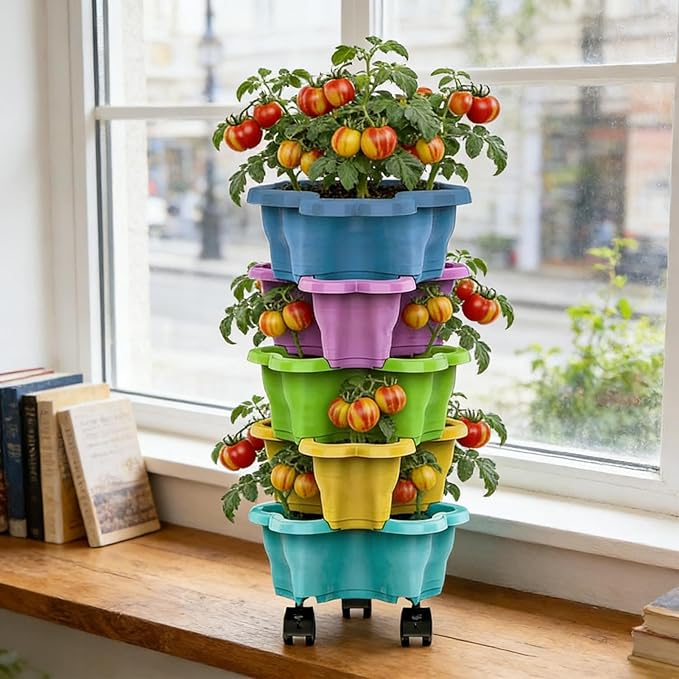 Vertical Planter, Stackable Weatherproof Multi-Tier Stackable Tower Planters, Garden Planters for Strawberry Herb Flower and Vegetable Indoor Outdoor
