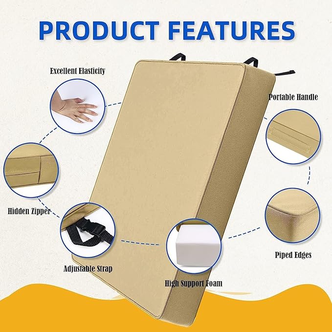 Patio Chair Cushion 24" Square Waterproof Outdoor Seat Cushions for Patio Furniture Garden Sofa Couch Chair Cushions with Handle and Adjustable Straps (2 Pack, Beige)