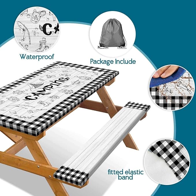 Picnic Table Cover with Bench Covers Checkered Camping Tablecloth, Waterproof Windproof Reusable Picnic Table Covers with Drawstring Bag, Outdoor Patio Camping Essentials, 60In 3PCS