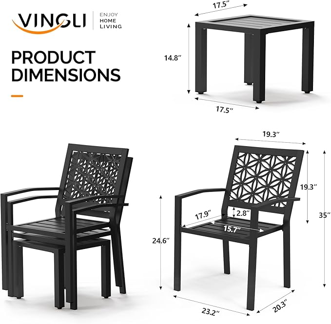 VINGLI 3-Piece Outdoor Bistro Set, Stackable Modern Metal Steel Table and Chairs with Rust-Resistant Coating, Small Patio Furniture Conversation Set for Porch, Deck, Balcony, Garden, Black