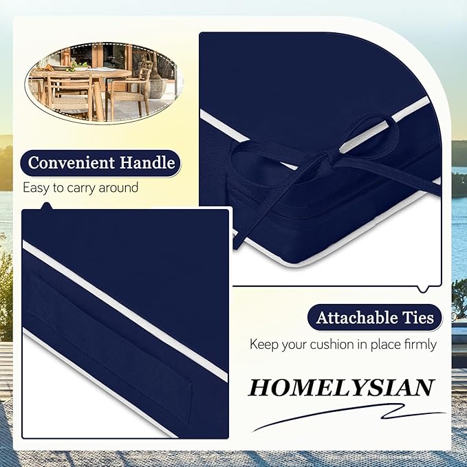 Waterproof Outdoor Chair Cushions Set of 2, Square Outdoor Seat Cushions with Ties and Removable Covers, 19 x 19 Outdoor Cushions for Patio Furniture with Portable Handle(Navy/White)