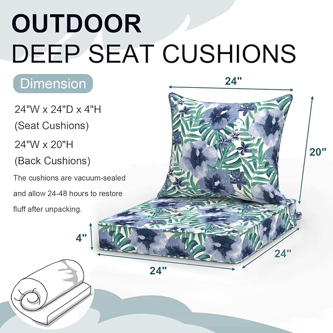 Outdoor Deep Seat Cushion Set, Water Repellent 24"x24" Patio Thick Cushions Replacement with Seat & Back Pillow for Patio Sofa, Wicker Chair, Couch - Blue Salmone Tropical