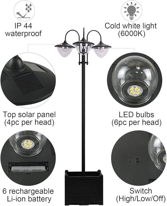 Outsunny 74.5" 3-Head Solar Lamp Post Light with Planter, Solar Pole Lights Outdoor Waterproof LED Lighting for Backyard Pathway Patio Lawn Driveway Decor, Black