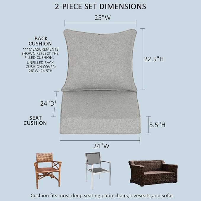 24x24 Inch Outdoor Deep Seat Cushions Set of 2,Thick High-Density Foam, Water-Resistant, Piped Edges & YKK Hidden Zipper for Patio Furniture,Greige